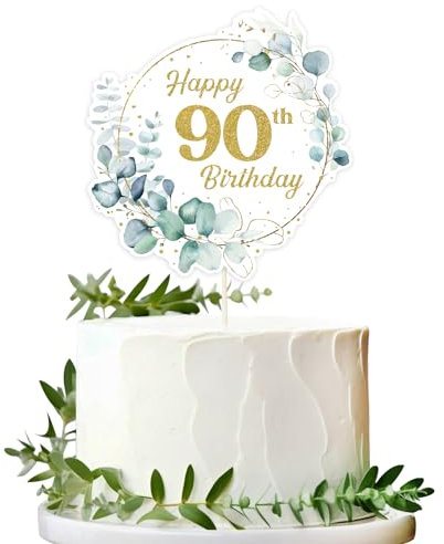 BETESSIN Torten Deko 90 Geburtstag Happy 90th Birthday Eukalyptus Alles Gute zum Geburtstag 90 Jahre Gold Tortendeko Cake Topper Kuchen Topper Kuchendeko 90 Geburstagstorte Deko Männer Frauen