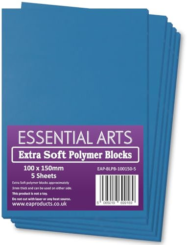 Essential Arts Extra Soft 100 x 150mm Double Sided Blue Polymer Blocks Pack of 5 – 3mm Super Soft Relief Printing Sheets for Easy Lino Carving Art and Craft
