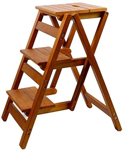 Tabouret à 3 marches, Chaise d'escalier Pliante multifonctionnelle, escabeau à Double Usage, escabeaux en Bois Massif pour la Maison/Marron