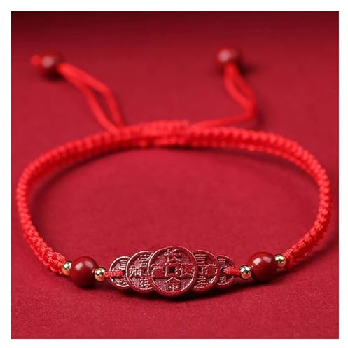 Feng Shui Amulett-Armband,Zinnober-Armband, Armband mit fünf antiken Münzen, Glücksbringer, for Damen und Herren, handgefertigt, buddhistisches Armband, Talisman, verstellbar(Red,Lucky Amulet)