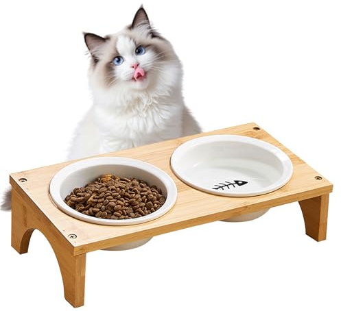 LOLYSIC Raised Cat Bowls with Stand, 15° Tilted Elevated Ceramic Cat Bowls Solid Bamboo Stand Feeder Set Feeding Station for Cats Puppy, Anti Vomiting & Protect Pet's Spine