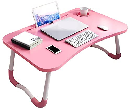 Fdit Table de Lit Pliable pour Enfants, Bureau D'ordinateur Portable Antidérapant avec Porte-gobelet, Tiroir pour Chambre à Coucher, Salon, Bureau (Style de Dessous de Verre Rose Fruit)
