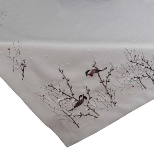 matches21 HOME & HOBBY Tischdecke DINA 85 x 85 cm Elegante Stickerei mit winterlichen Vogelmotiven Mitteldecke Polyester