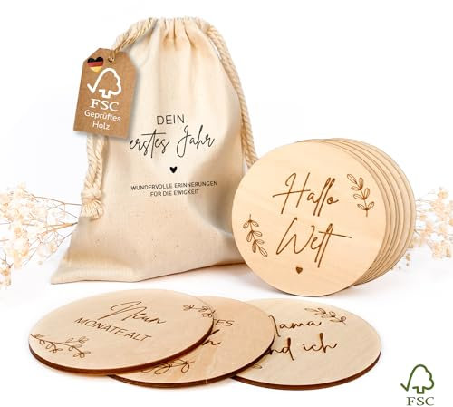 MeinBaby123® Nachhaltige Holz Meilensteinkarten 40 Stk. inkl. Stoffbeutel | Baby Holzmeilensteinkarten 1 Jahr | Geschenk zur Geburt | Geschenk für werdende Eltern | Geschenk Schwangerschaft (Holz)