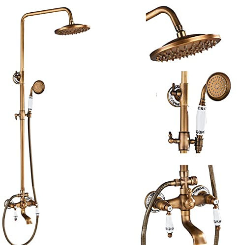 OGLFGLNY Duscharmatur-Set Quyanre Antik-Messing-Duscharmatur-Set, Wandmontage, Antik-Messing-Duschset, Doppelknöpfe, Mischbatterie, Badewannen-Set, Spray p