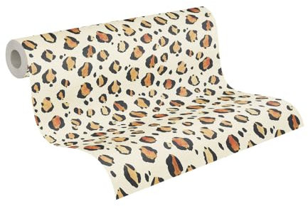 Livingwalls Anna D'Andrea Non-Woven Wallpaper Animal Wallpaper 10,05 m x 0,53 m - White, Black, Beige, Orange - Leopard Print Wallpaper - 782161