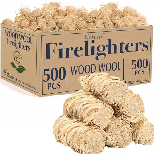 Natural Firelighters Large Box. Natural Wood Wool Wax Fire Lighters for Stoves, Wood Burners, Pizza Ovens, Open Fires, Fire Pit, BBQ Lighters, Fire Starters for Log Burners (500 Pack)