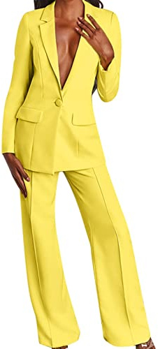 Generico Tailleur Femme Élégant Cérémonie Formelle Blazer & Pantalon d'affaires Fêtes Complet Blazer Manches Longues Bureau Grande Taille Vestes Robe de Couleur Unie Travail Tailleur 2025