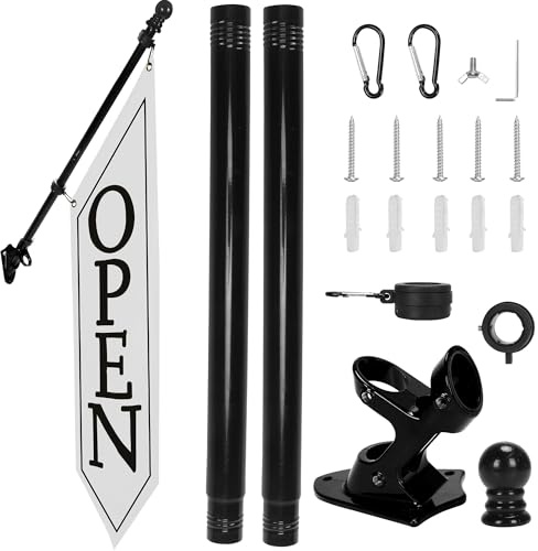 OPEN Flag with Pole Kit - Heavy Duty Canvas Open Banner for Business Storefront, 42x12 Inch Outdoor Double-Sided Sign with Bracket - Advertising Signage for Retail & Shops (White)