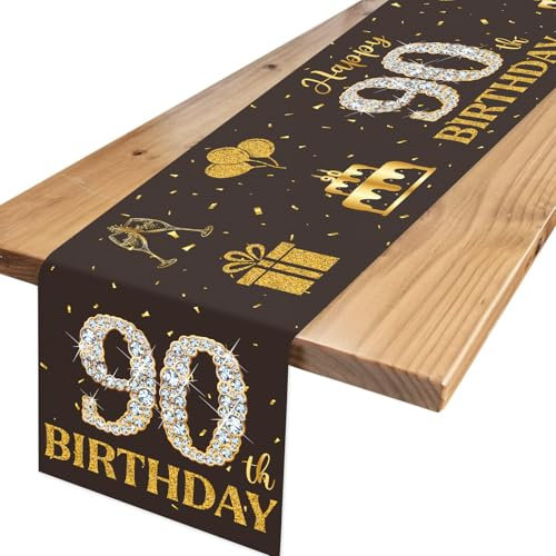 Tischläufer 90. Geburtstag Schwarz Gold, Happy Birthday 90 Tischdecke mit Diamanten, Tischdeko Geburtstag für Männer Frauen 90 Geburtstagsdeko, Tischdekoration 90 Jahre