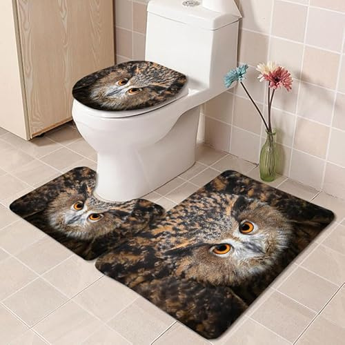 Bad Teppiche Set Eule Orange Braun Badezimmerteppich Waschbar WC Vorleger mit Ausschnitt und WC Deckelbezug 3 Teilig Badematte rutschfest Toilettensitzbezug Badgarnitur 45x75 cm