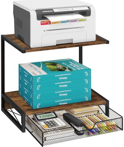 ELITEROO 2-Tier Desktop Printer Stand with Storage Drawer, Wooden Printer Stand for Desk, Small Printer Table with Shelf for Home Office, Fits Fax Machine, Scanner, 3D Printer, Rustic Brown