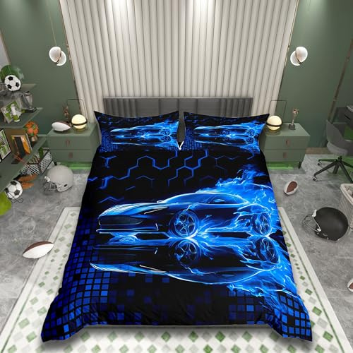 Homemissing Rennwagen Flamme Bettwäsche Set 155x220cm Für Kinder Jungen Teens Geschwindigkeit Sport Betten Ultra weiche Honeycomb Bettbezug Spiele Auto Bettwäsche-Set Cool Modern Grid