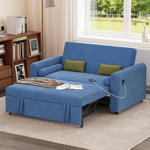 Jooli H 2 Seater Sofa Bed, 3-in-1 Convertible Fabric Pull Out Sleeper Sofa with 3-Position Adjustable Backrest, Side Pockets and USB for Living Room, Guest Room, Blue