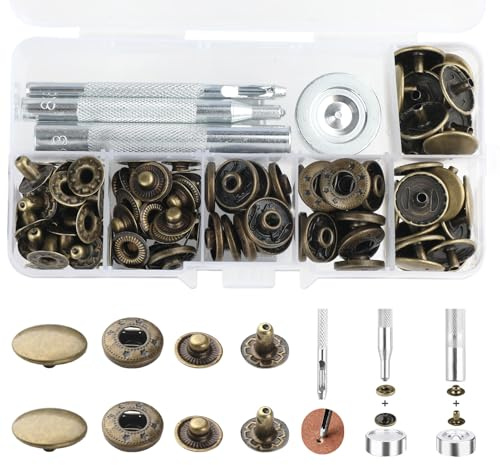 Corchetes de Presión Metálicos, 30 Set Botones de Presión Remaches de Cuero Kit Cierre a Presión con 3 Herramientas Botones a Presion para Cuero Bolsos Jeans Ropa Tela (Bronce, 15mm)
