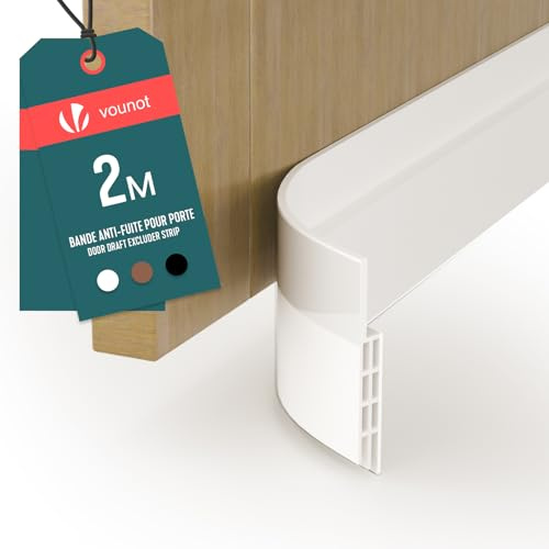 VOUNOT® Bas de Porte Isolant 200cm Découpable Boudin de Porte Coupe-Froid Anti Courant d’air Isolation Phonique Anti Bruit Joint Universel pour Entrée et Maison Blanc