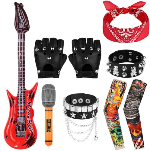 BSBUY Disfraces de Rock Accesorios, Kit de Rockero de Punk Gotico de Años 80 para Niños, con Guitarra y Micrófono Inflable, Gafas de Sol, Bandana, Guantes, Pulsera, Mangas de Tatuaje Falso, Negro