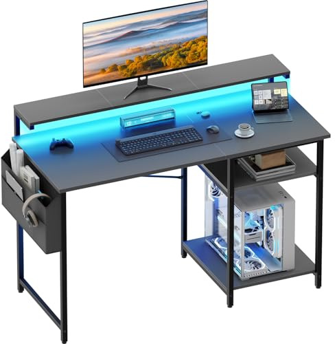 HLONONE Gaming Tisch mit LED und Monitorständer, Schreibtisch mit Stauraum | Computertisch mit Regal & Aufbewahrungstasche, Stabiles Metallgestell, für Arbeitszimmer und Schlafzimmer, 120 cm, Grau