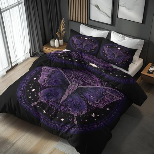 Generisch Bettwäsche 135x200 Gothic Motte, Weiche Bügelfreie Mikrofaser Bettbezug Set 2tlg, Lila Schwarz Muster Schlafzimmer Deko, 1 Kissenbezug 80x80, mit Reißverschluss KBQ14