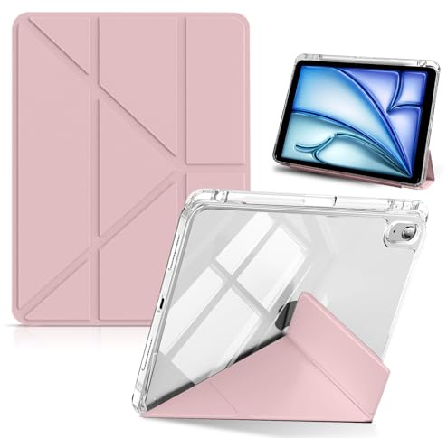 HinZann Custodia per iPad Air 11 Pollici M4/M3/M2 2026/2025/2024 / iPad Air 5/4 Generazione 2022/2020 10,9 Pollici con Portapenne, Ultrasottile Trasparente Cover con Auto Sveglia/Sonno - Rosa