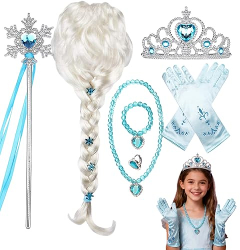 HIULLEN Prinzessin Kostüme Zubehör Set of 8, Elsa Perücke | mit Handschuhe, Krone, Zauberstab, Ring, Elsa Haare Kinder, Prinzessin Perücke für Halloween Kostüm Party Cosplay Karneval