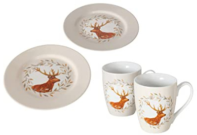Steinnacher Frühstücksset Egon 4tlg. 2 Becher 480 ml und 2 Teller Ø 20cm in grau und beige mit Hirschmotiv