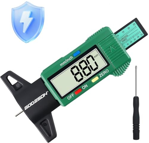 GODESON Digitaler Profiltiefenmesser, 0-25.4 MM/1 Zoll, Großes LCD-Display, Energiesparmodus, Grün Reifenmesswerkzeug Für Auto LKW Motorrad
