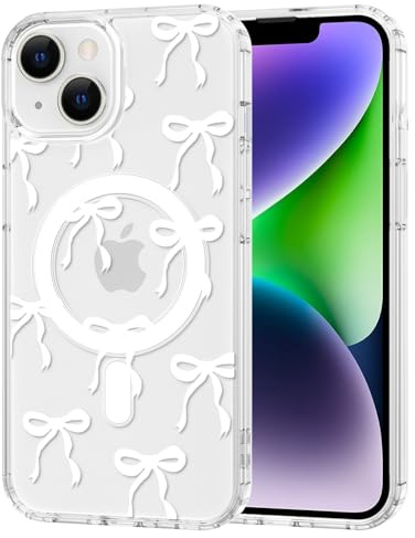 TVVTPU Magnetisch Hülle für iPhone 14 Kompatibel mit MagSafe, Aesthetic Schleifen Muster Handyhülle Nie Vergilbung Dünne Transparent Hard PC Rückseite Stoßfest Kratzfest Schutzhülle Case, Weiß