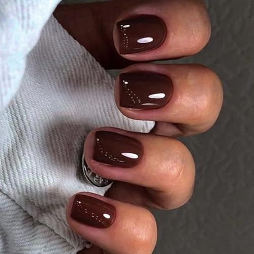 24pcs Short Square False Nails - Chocolate Brown Color Stick on Nails - Press on Nails Removable Glue-on Fake Nail Women Girls Nail Art Accessories