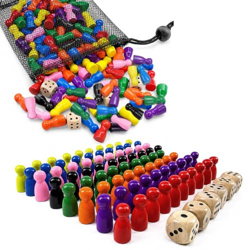 FuYelng 80 Stück Spielfiguren für Brettspiele mit 6 Würfel und Säckchen | 25 X 12 mm 8 Farben Halmakegel Spielfiguren Holz, für Flugschach Dame Brettspiele