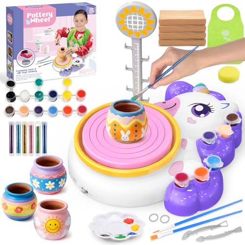 Töpferscheibe für Kinder, Einhorn Spielzeug für Mädchen 6-12 Jahre, Komplettes Töpfer-Malset mit 4 lufttrockenem Ton, DIY Töpfer Set für Anfänger, Einhorn Geburtstag Geschenke für Mädchen 6 7 8 Jahre