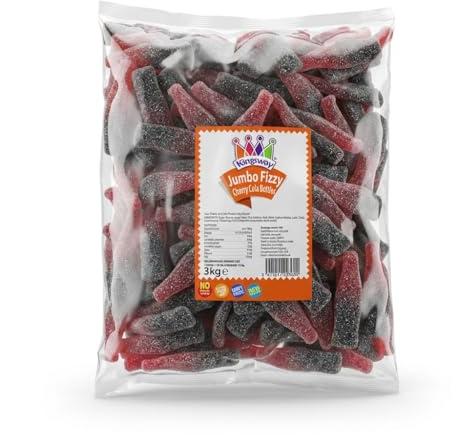 Kingsway Jumbo Fizzy Cherry Cola Bottles 3kg Bulk Sharing Bag | Sour Sugar Dusted Gummy Sweets | Large Pick and Mix for Parties and Sweet Tables