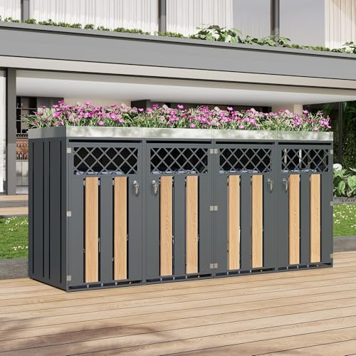 RAPRAP Boîte à poubelles 4x 240L avec bac à plantes, trous de ventilation en losange, compartiments de rangement pour déchets, verrouillable, quatre portes, anthracite,4 bin