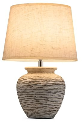 LIT AMPO 12 Cordless Ceramic Table Lamp with Coastal Base, Rechargeable | Remote Control Timer RGB Dimmable, Small Battery Operated Vintage Lamp with Linen Shade for Bedroom Living Room Patio Decor