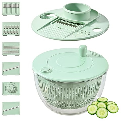 Centrifuga per insalata da 4 l con coperchio, con 6 lame e tagliere, ciotola multifunzione in PET con finestra di visualizzazione, ideale per lavare, asciugare e tagliare frutta e verdura