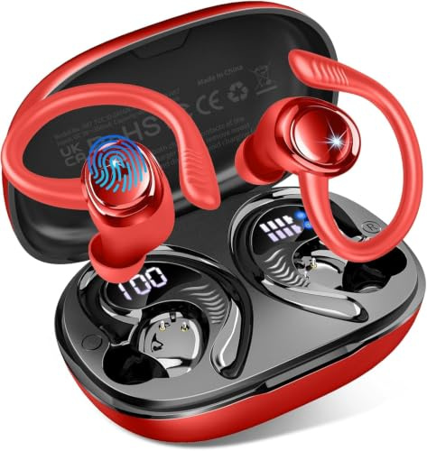 Ecouteurs Bluetooth sans Fil Sport, Écouteur Bluetooth 5.4 avec 4 ENC Mic, HiFi Stéréo, 60+Hrs Ecouteurs sans Fil, IP7 Étanche Oreillette Bluetooth Running, Écran LED, Casque pour iOS Android, Rouge