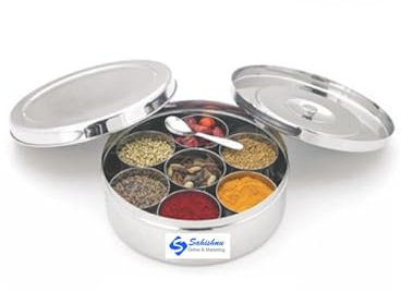 Sahishnu Online And Marketing Scatola Masala in acciaio inox, Masala Dabba in acciaio, contenitore per spezie in acciaio, scatola per spezie in acciaio con 7 contenitori, scatola per spezie da cucina