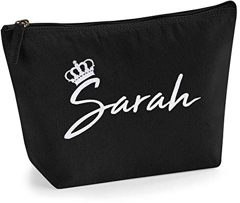 Personalisiert Name Initialen & Königin Krone Kosmetiktasche Damen Schminktasche für Handtasche Makeup Tasche - Glitter oder Flocke Material Druck - Holo Weißer Glitzer - L - Schwarz