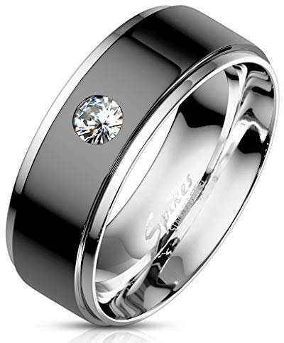 Paula & Fritz® Schwarzer Edel-stahlring 8mm breit farbloser weißer Zirkonia Damen-Ring Herrenring Verlobungs-Ring Freundschaftsring Partnerring R-M7105_12