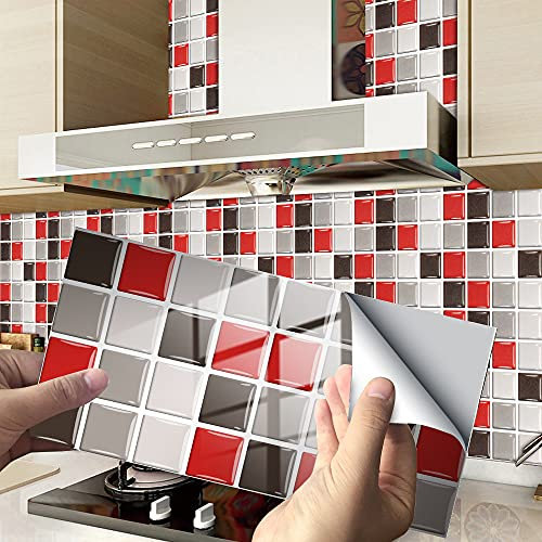 Hiseng 24/48 Stück Küchenrückwand Fliesenaufkleber, Rechteck Mosaik Muster Wasserdicht Ölfest Stickerfliesen Deko Selbstklebende Wandfliese für Küche Badezimmer Wohnzimmer (Rot Mosaik,20x10cm)
