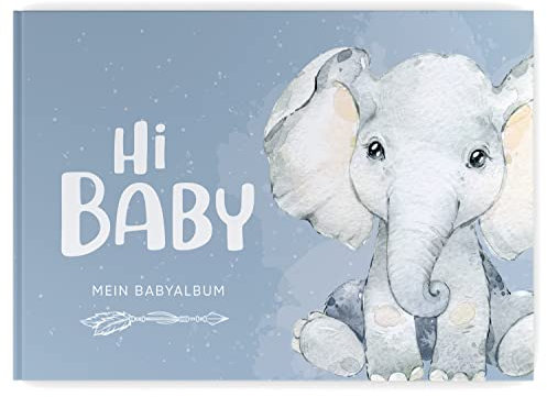 Babyalbum - Mein erstes Jahr, Junge Mädchen, Album zur Geburt, Baby-Tagebuch, schönsten Momente und Erinnerungen zum Auszufüllen auf 104 Seiten (ohne Personalisierung, Elefant, blau)