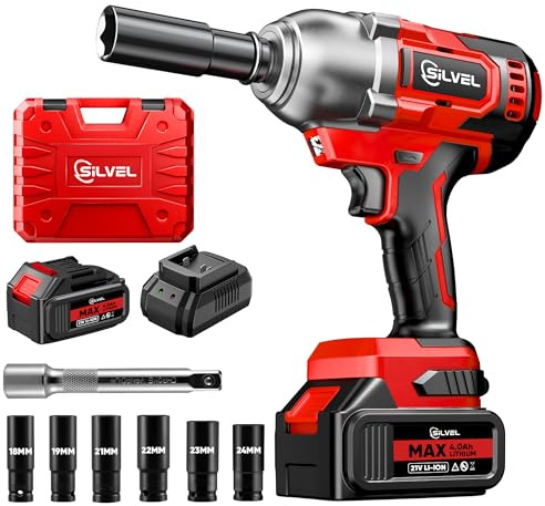 SILVEL Cordless impact screwdriver, brushless impact gun MAX 500N.M, 1/2 inch, 4.0 Ah battery, 6 sockets, 3200 rpm impact screwdriver with quick charger