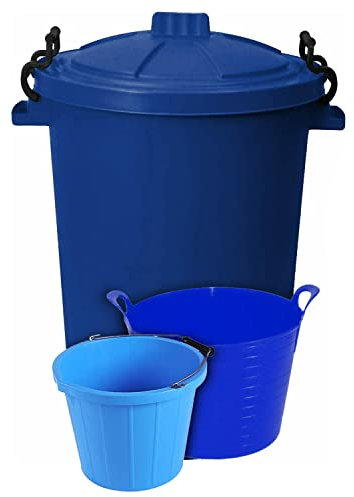 (Set of 3) 50L Litre Heavy Duty Clip Lock Lid Rubbish Bin, Dustbin /3 Gallon 14 Litre Plasters Builder Bucket and 20 Litre Flexible Plastic Storage Container Bucket Tub Trugs Horse Feeder (Blue)