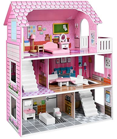 Froadp Puppenhaus Holz Haus Große Puppenvilla Mädchen Spielset mit Möbeln und Zubehör Dollhouse 3 Etagen Barbyhaus Traumvilla Mädchen und Jungen (Typ A, 60x27x70cm)