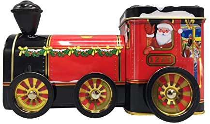 Santa Lokomotive - Dose, Gebäckdose, Aufbewahrungsdose, Keksdose, Blechdose. Aufbewahrung für Plätzchen und Lebkuchen. Aaufwändig geprägt und bedruckt. Vol. 400 ml. Maße: 18 x 7 x 9,5 cm