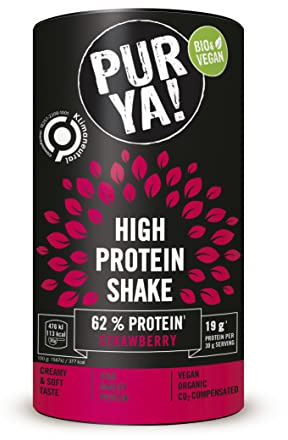 PURYA! Vegan High Protein Shake Erdbeere, veganer High Protein Drink in Bio Qualität, Protein Getränkepulver für Sport und Fitness, laktosefrei, 1x 500g