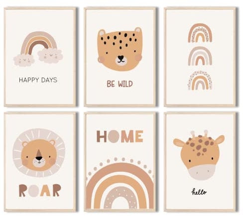 MeinBaby123® Poster Kinderzimmer | 6er Set DIN A4 | Wandbilder | Kinderzimmer Poster | Deko Bilder Kinderzimmer | Löew, Giraffe, Regenbogen || Babyzimmer Deko (Süße Tiere V3)