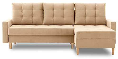 Ecksofa Lena 227x148 mit schlaffunktion und Bettaksen - Klassisch Design - Eckcouch mit Stauraum - Auffälliger Kronos Stoff - Kissen - Holzfüße - Auswahl an Farben (Kronos 35 RECHTS)