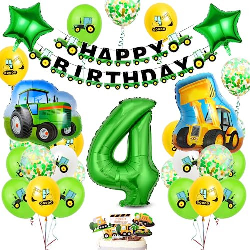 Bluelves Geburtstagsdeko 4 Jahre Jungen, Luftballon Traktor Deko Kindergeburtstag, Traktor Geburtstag Dekoration, Grün Folienballon Traktor Bagger 4 Jahre für Jungen Party Dekoration
