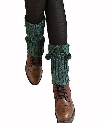 Wambere 1 Paar Damen Mädchen Beinwärmer Stulpen Legwarmers Strickstulpen Mit Plüsch Ball Winter Crochet Stricken Stulpen Beinstulpen Sockenüberzüge Stiefelüberzüge Einheitsgröße,Grün